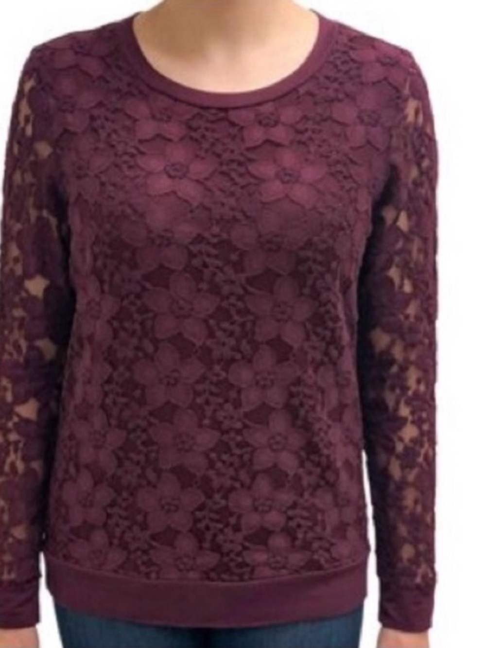Adrianna Papell Merlot Floral Lace Long-Sleeve Sweatshirt Medium